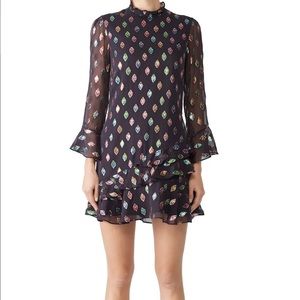 SALONI Black Sheer Ruffle Mini Dress with Iridescent Foil Motif